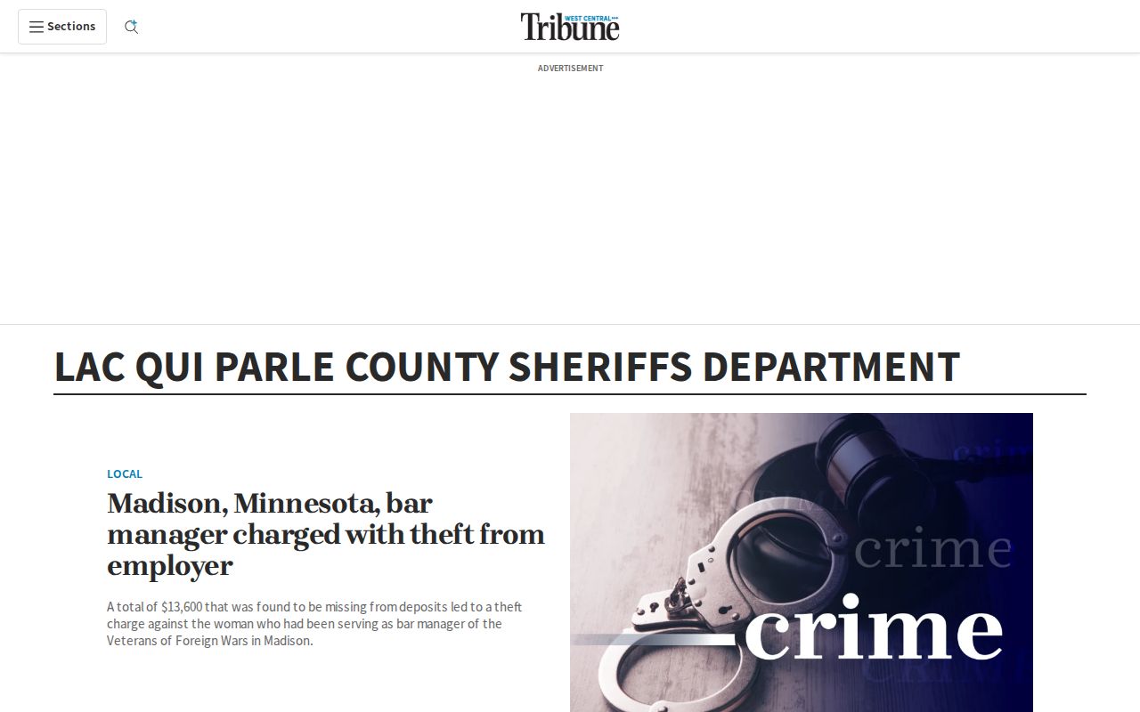 Screenshot of the West Central Tribune Lac qui Parle County Sheriff's Department topic page