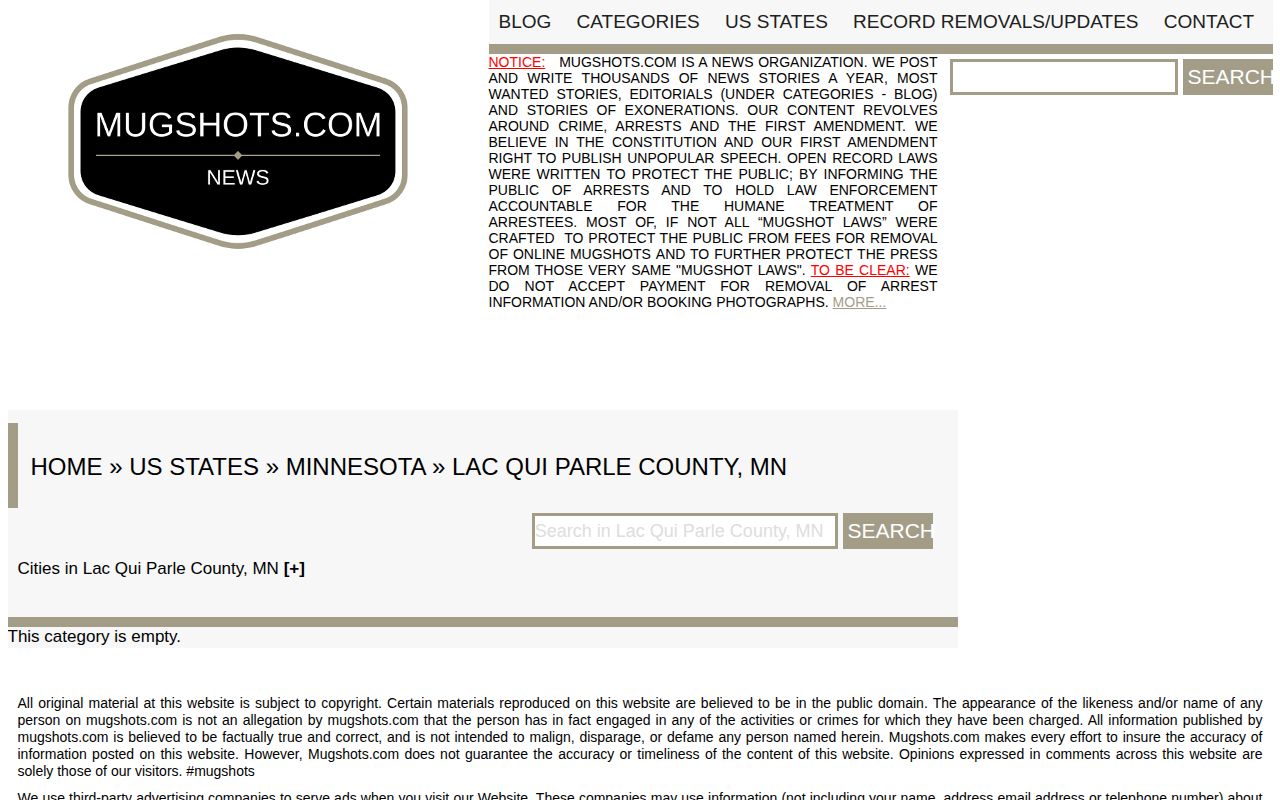 Screenshot of the Mugshots.com Lac Qui Parle County category showing an empty category
