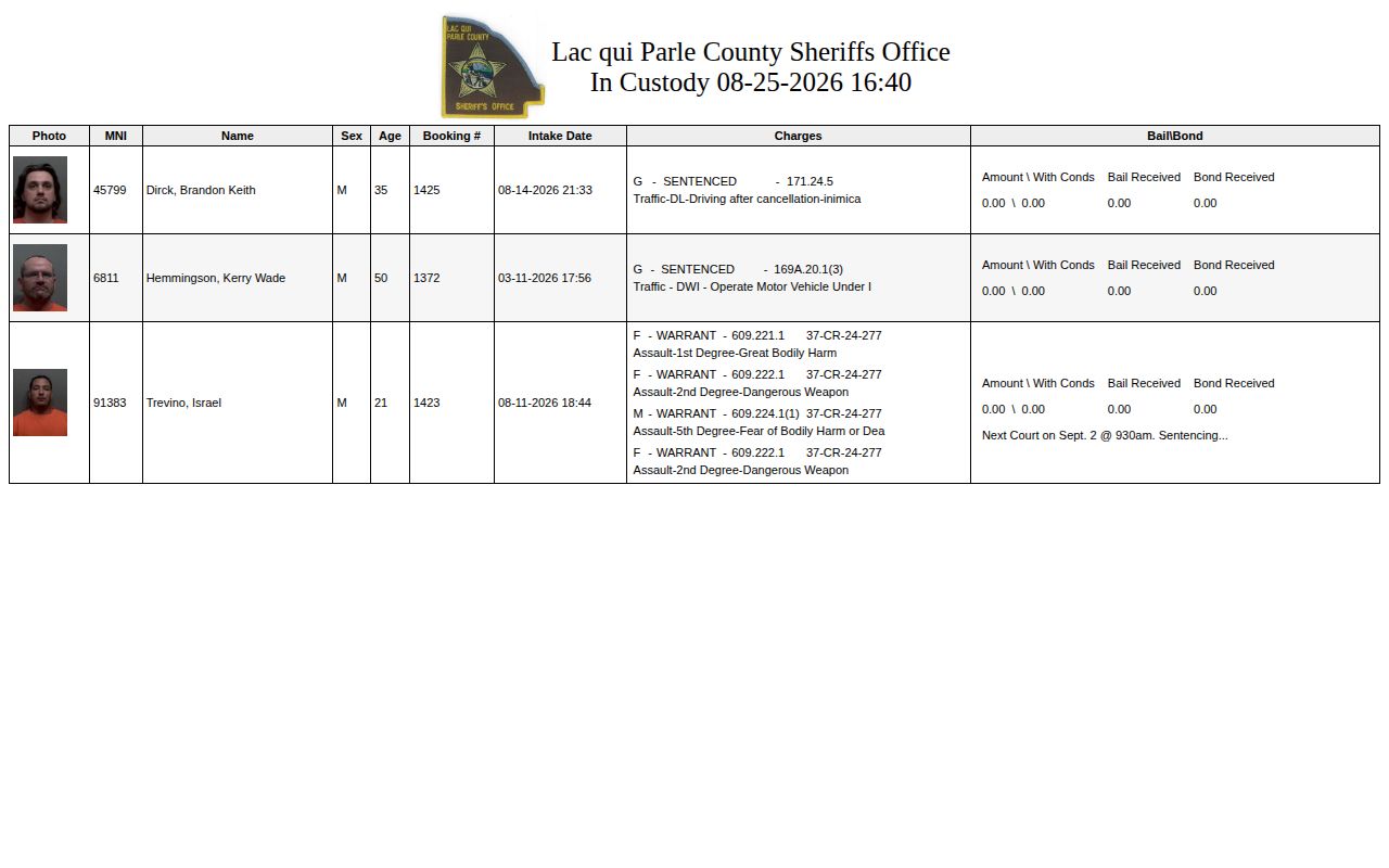 Lac qui Parle County official in-custody booking roster interface