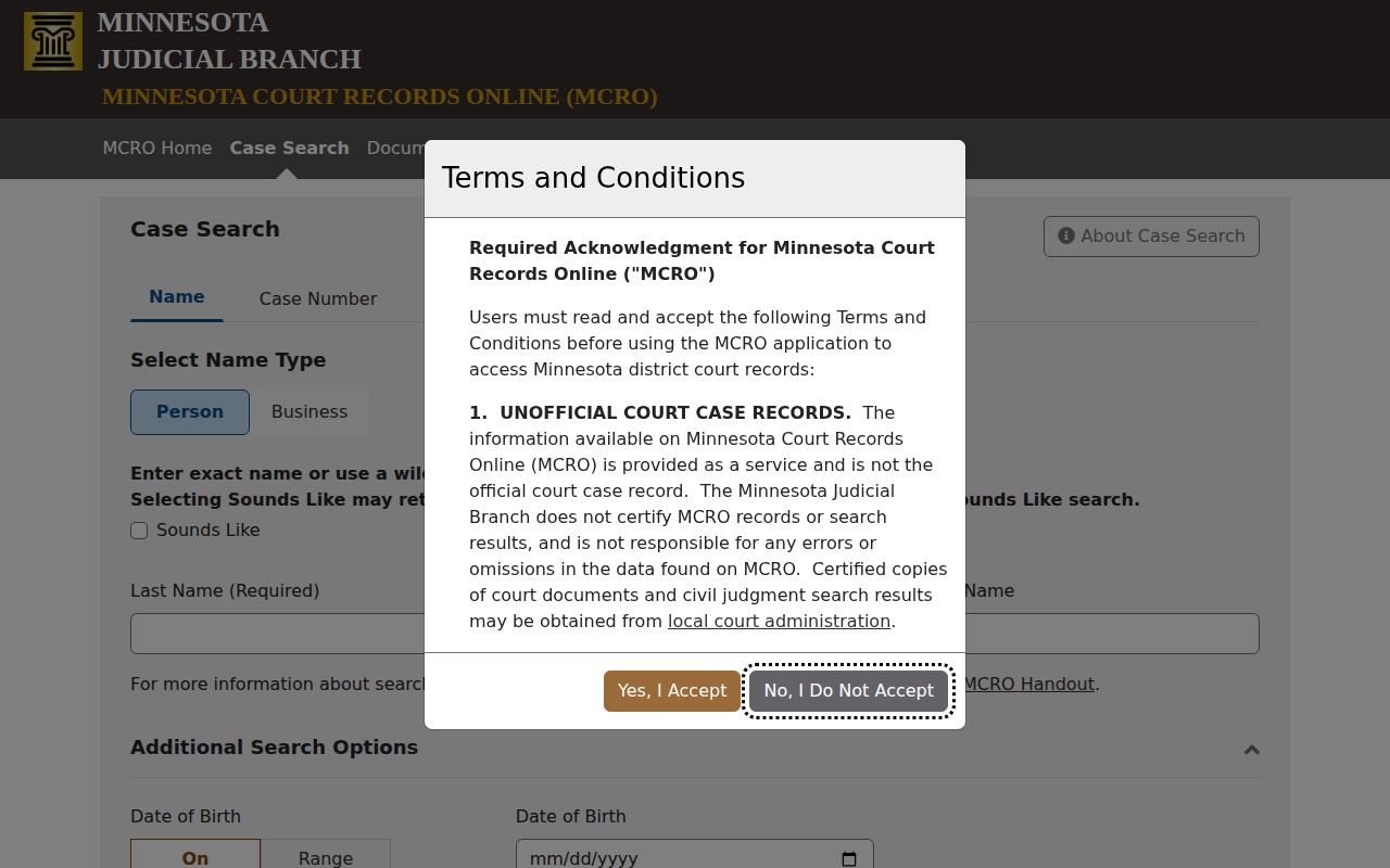 Lac qui Parle County court record search interface for public case lookup