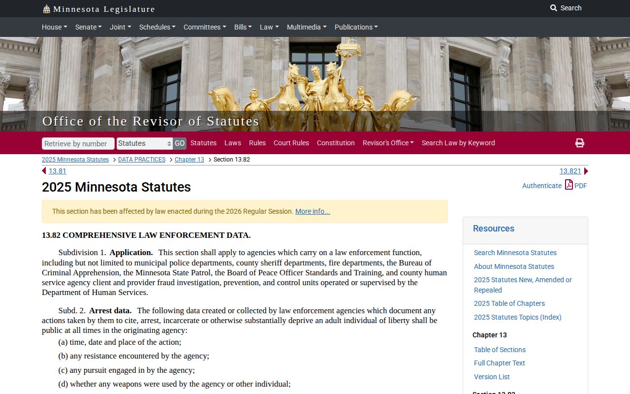 Lac qui Parle County warrant-index records law source, Minnesota Statutes section 13.82